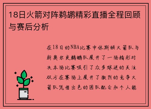 18日火箭对阵鹈鹕精彩直播全程回顾与赛后分析
